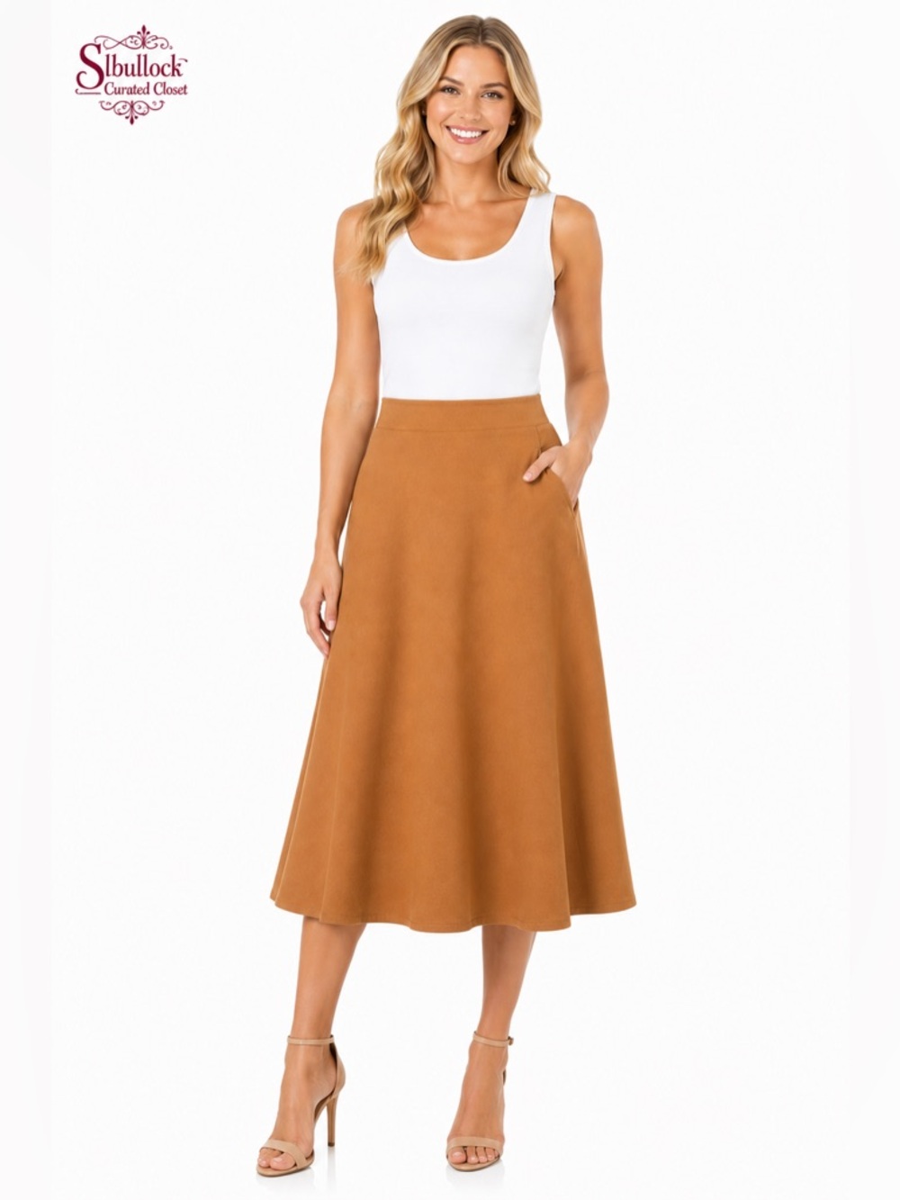 Q2, N. Medium Camel Brown Fully Lined Midi A-Line Skirt with Pockets